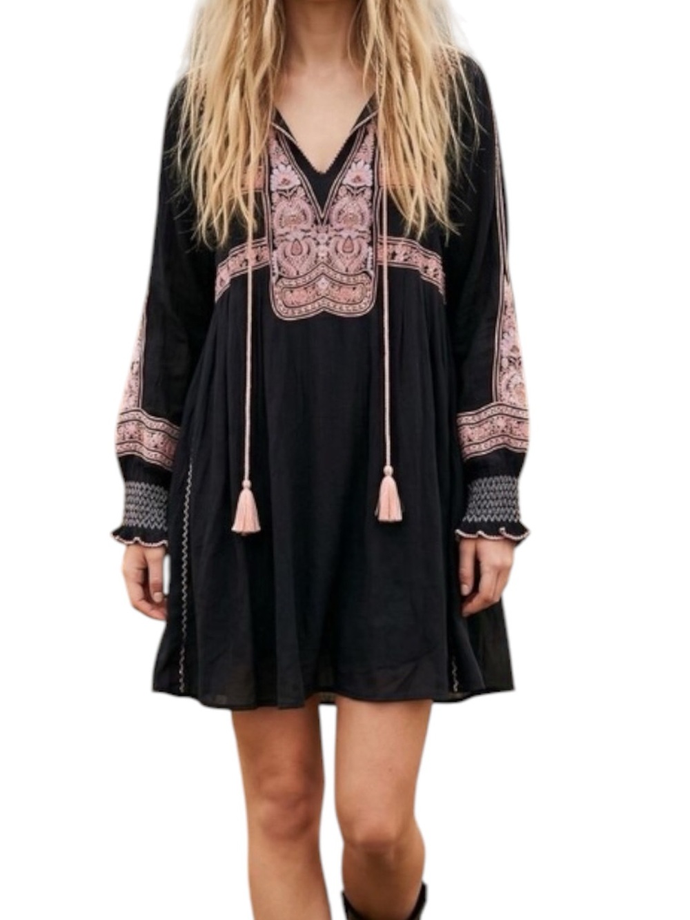 Free People Wind Willow Mini Dress Black Small Embroidered Boho Festival Bohemia